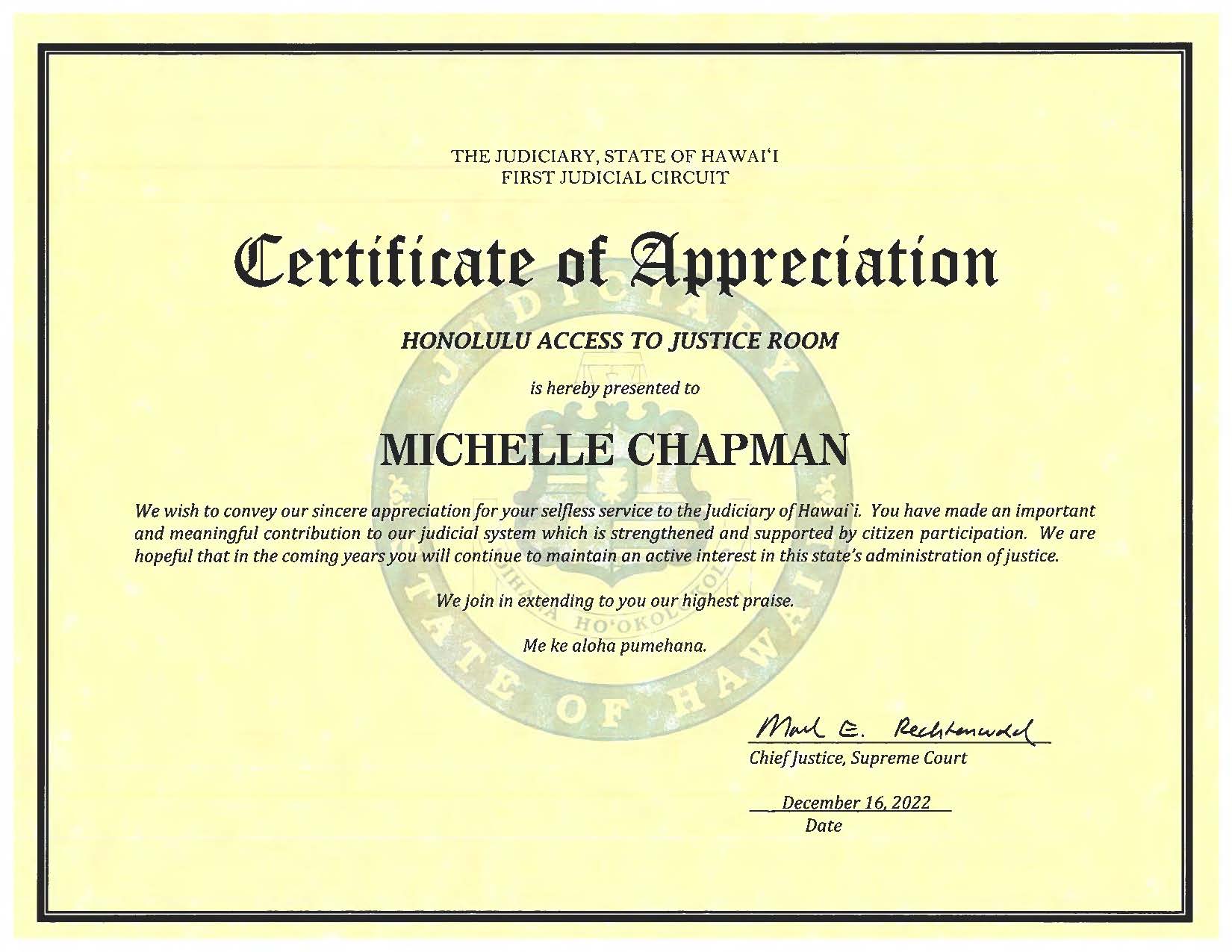 Image of appreciation award fro Hawaii Supreme Court to Michelle Chapman